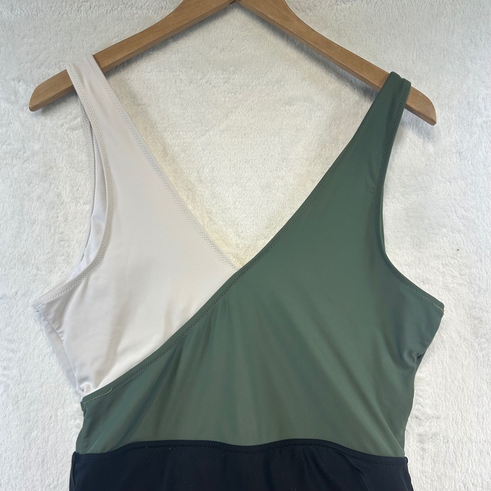 Minimalist Colorblock Wrap One Piece Swimsuit XL Olive Green White Black Beach